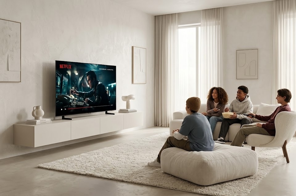 Comparação visual de tecnologias de tela em Smart TVs 55 polegadas com OLED, QLED, QNED e Mini LED